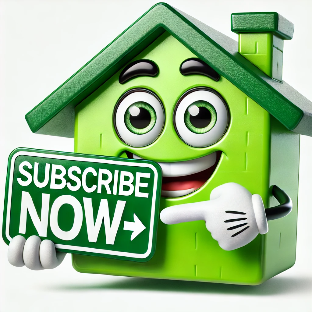 Green cartoon house with expressive eyes holding 