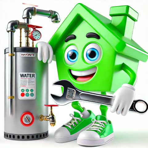 Cheerful house character with wrench and green sneakers beside water heater with gauges, highlighting plumbing maintenance.