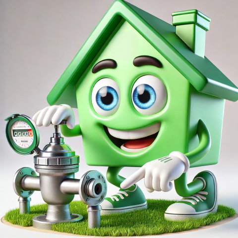 Green house character with wrench and green sneakers standing beside water heater with gauges, promoting home maintenance.