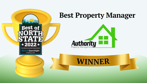 Graphic of 'Best Property Manager' award with 'Best of North State 2022' logo 'Authority Property Management