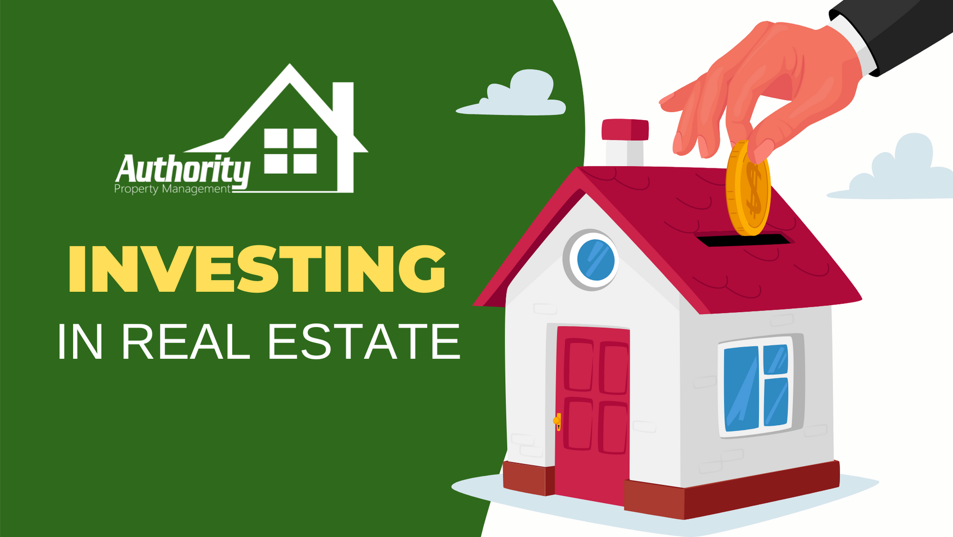 Hand putting a coin into a bank that looks like a single-family rental home.