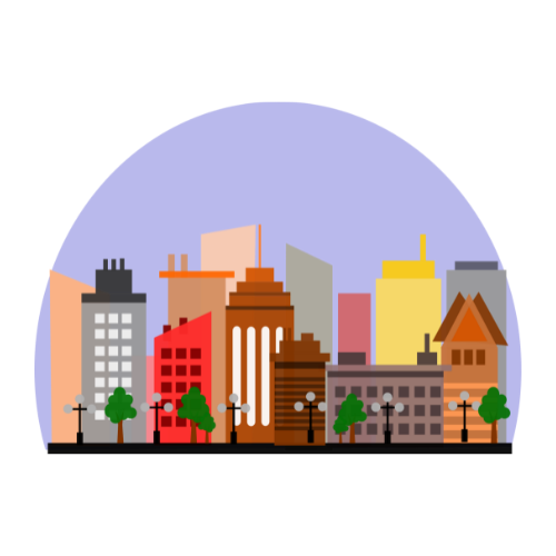 Colorful cityscape with diverse architectures, street lamps, trees in foreground, on a soothing purple background.