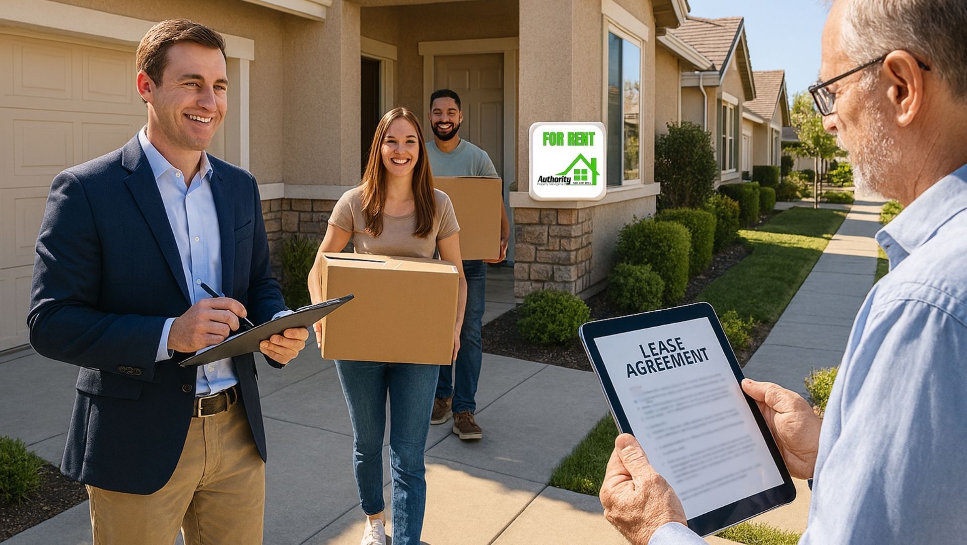 Property Manager with clipboard smiles at couple carrying boxes to house with 