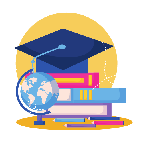 Education icons: graduation cap on books, globe for international knowledge, and diploma for achievement.