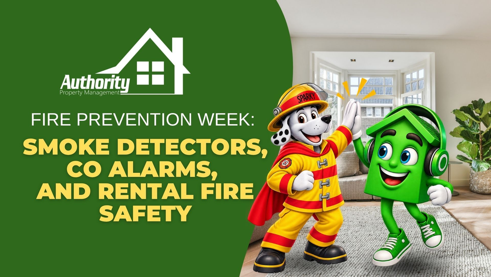 Sparky and APM Mascot giving a high five - APM helping spread awareness about Fire Prevention Week