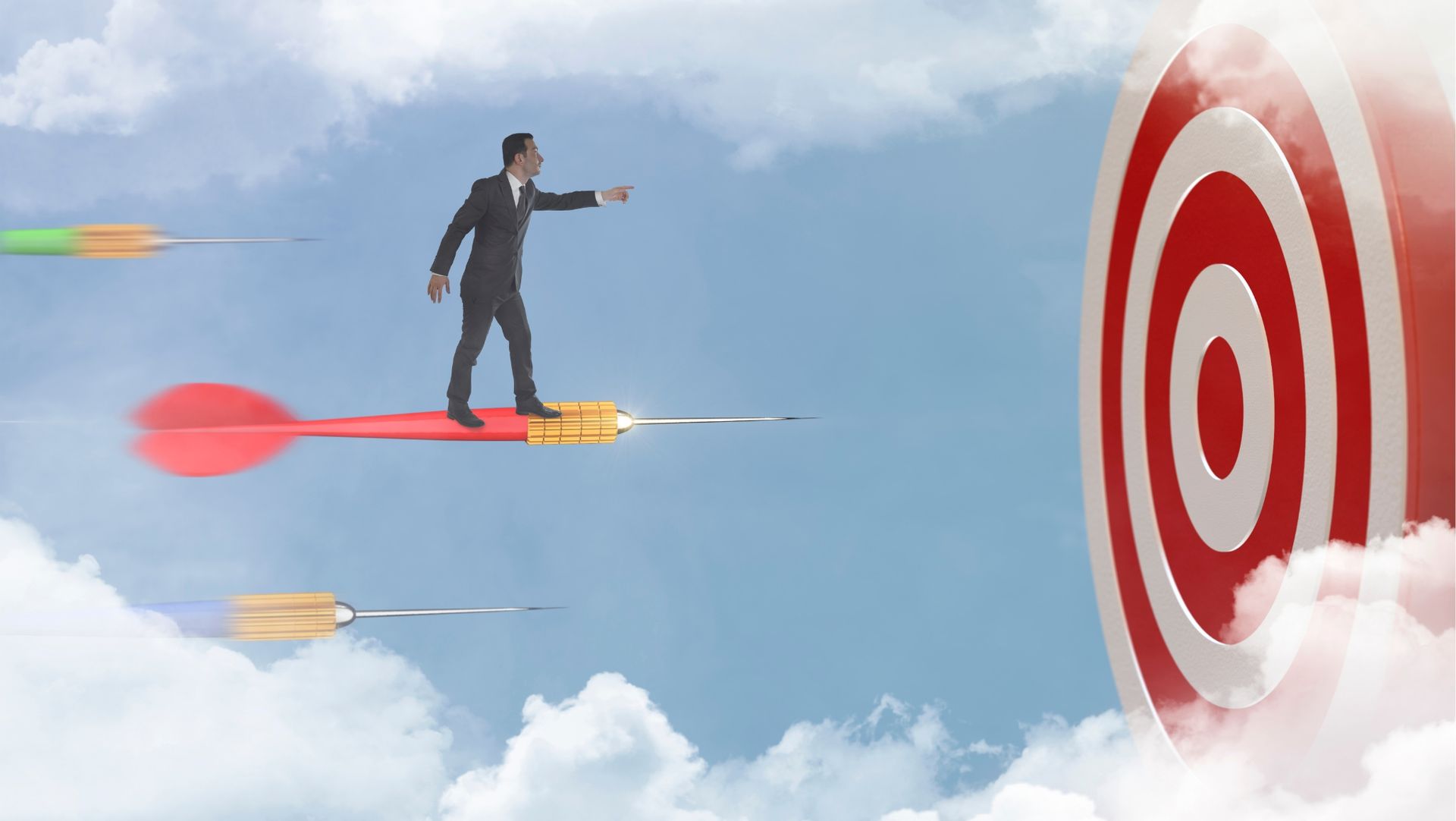 Man on dart rocket to target, metaphor for Authority Property's goals.