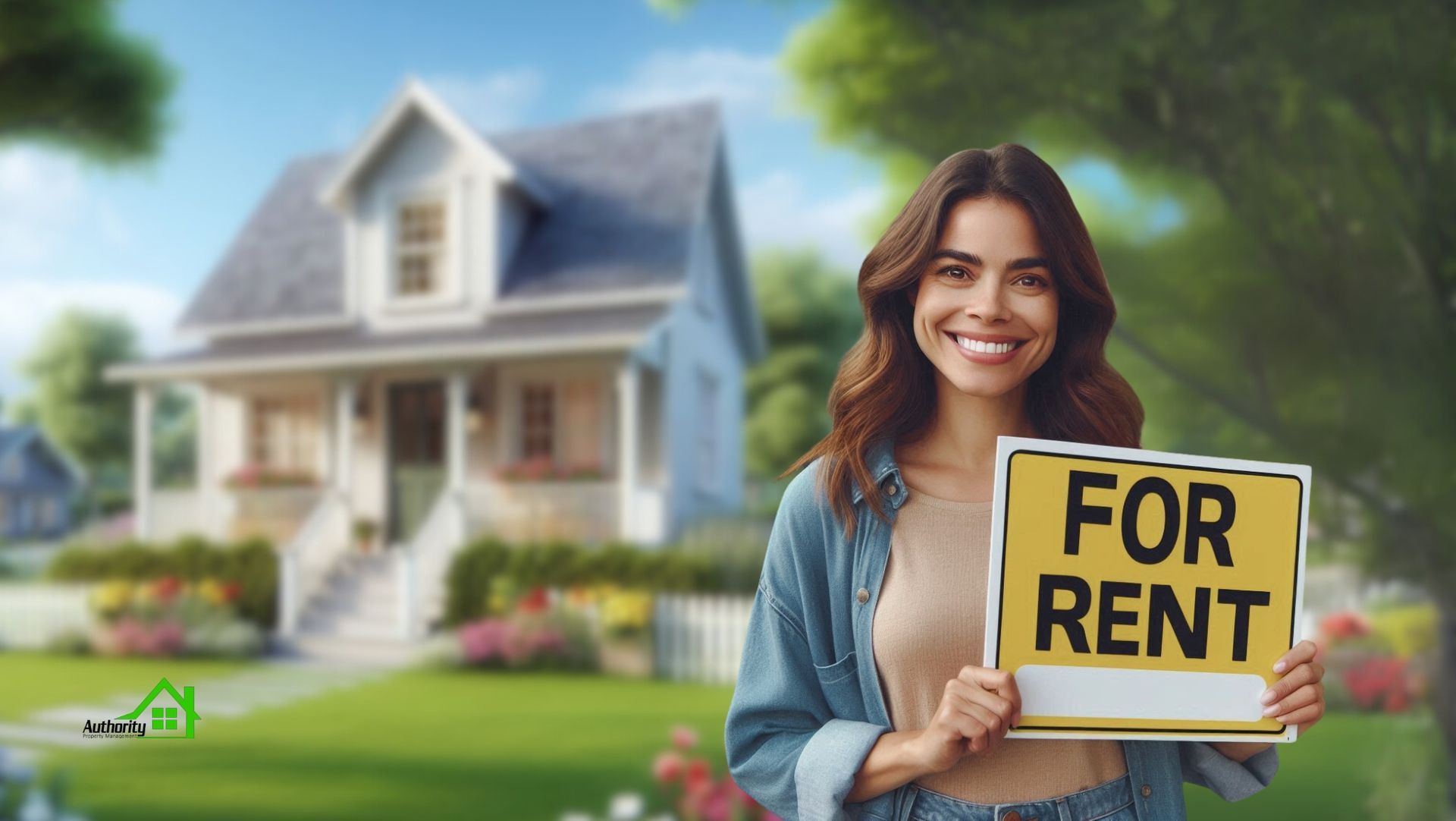 Woman smiling in front of a white house holding a For Rent sign, with a well-kept garden and blooming flowers on a sunny day.