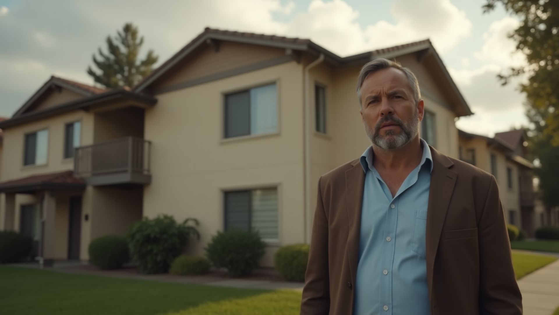Middle-aged man with beard and gray hair in front of beige suburban homes with manicured lawns on a partly cloudy day.
