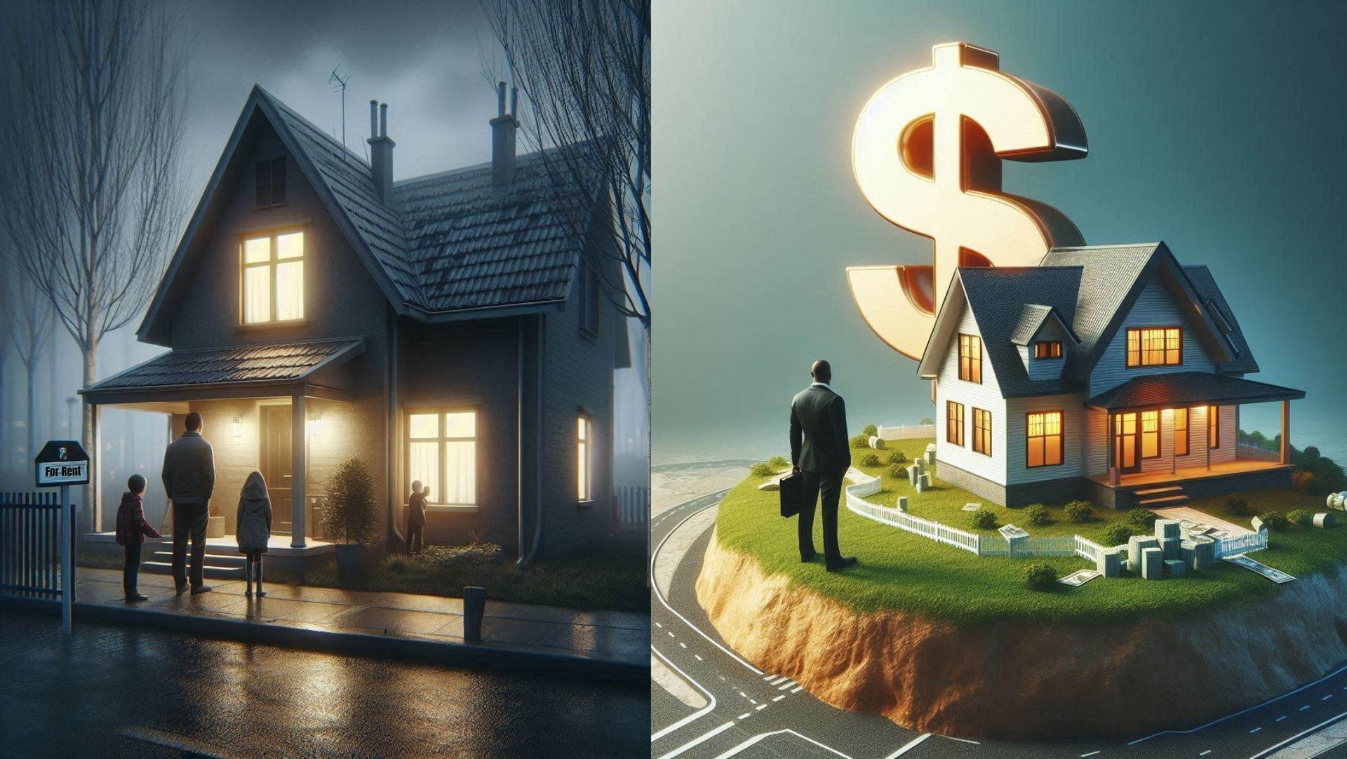 Split image: family looking at misty rental house at night; person in suit with house and dollar sign.