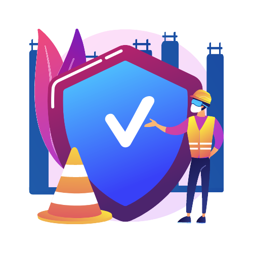 A person in safety vest and VR headset pointing at shield with checkmark, symbolizing virtual safety in tech environment.
