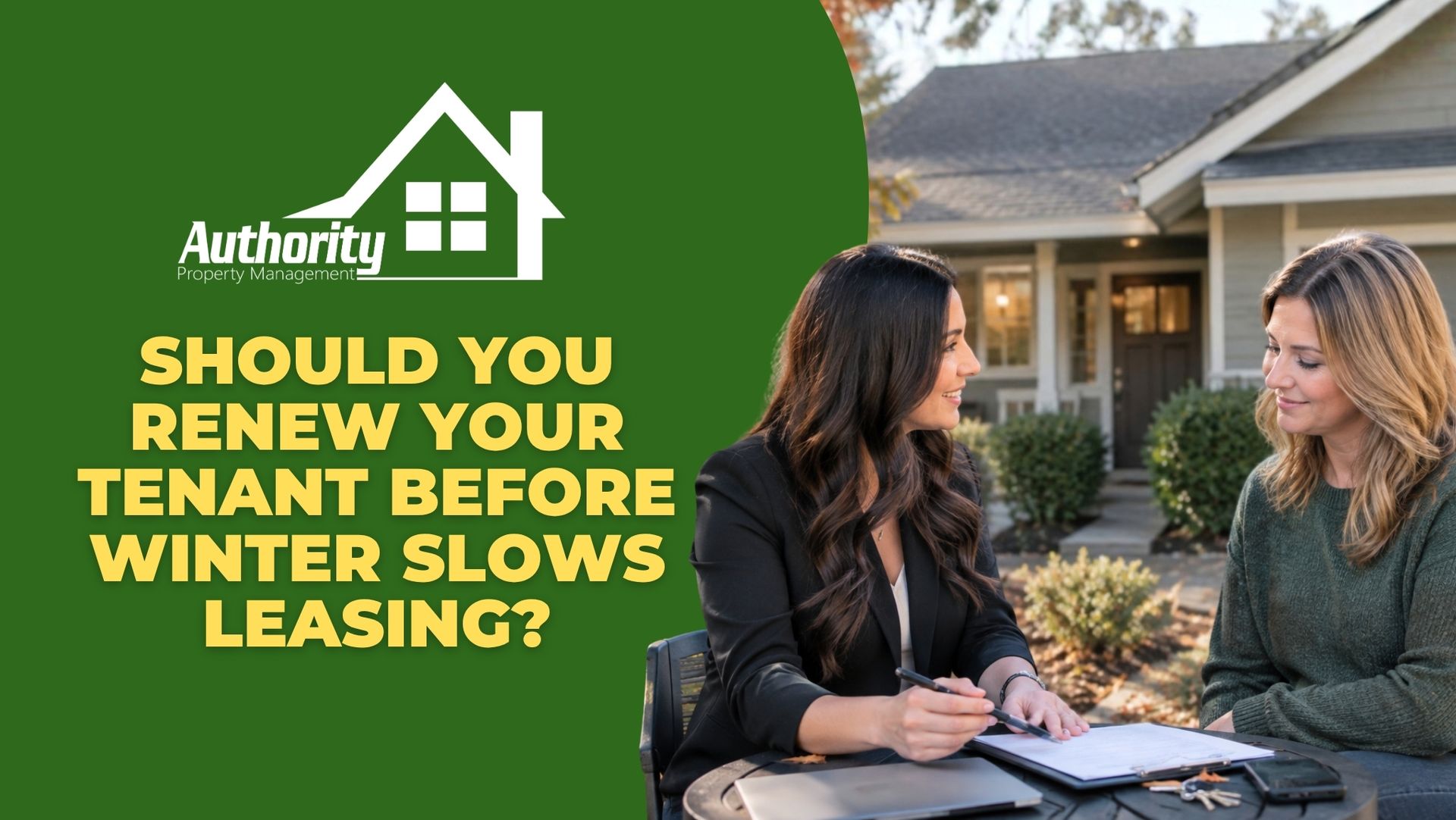 Redding rental home in late fall with an owner and tenant talking about a lease renewal