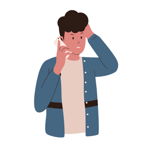 Worried person with short brown hair in blue shirt holding phone and touching head, showing stress or concern.
