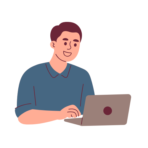 Smiling person with short brown hair in blue shirt typing on gray laptop, suggesting ease and productivity.
