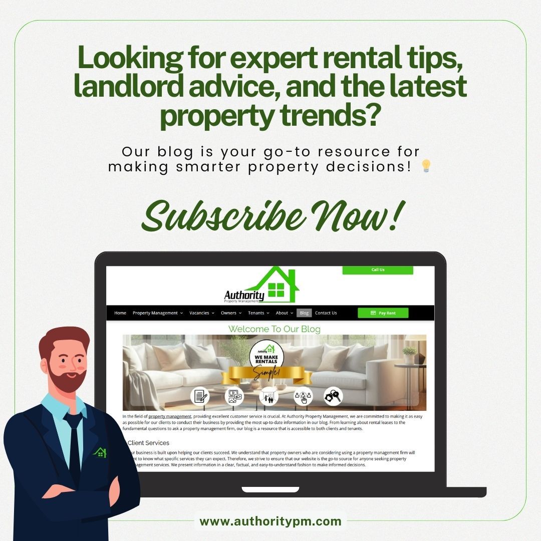 Person in suit next to laptop showing property management blog with text promoting rental tips, landlord advice, and trends.