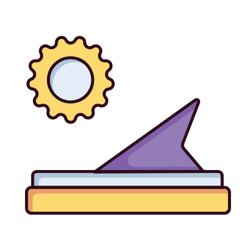Colorful illustration of a sundial with purple gnomon, sun motif on gear-shaped backdrop, on a flat brown base