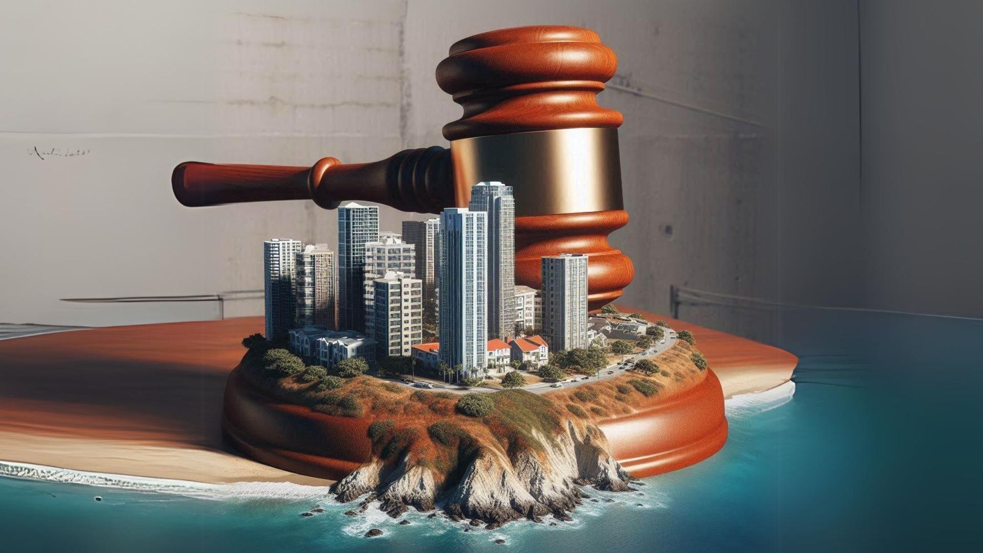 Wooden gavel on island with buildings, trees, and ocean, blending legal and urban elements.