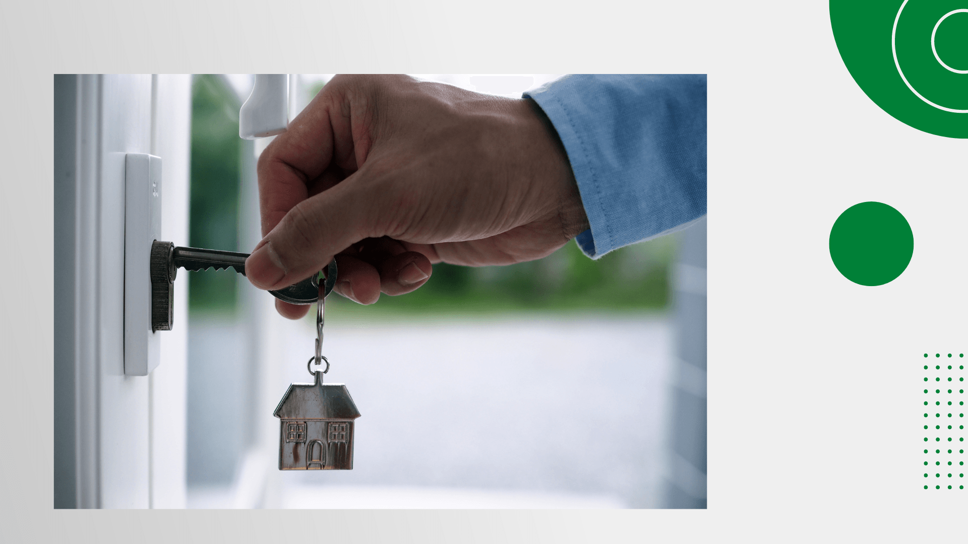 Tenant placing a key in a lock with a key tag of a rental house.