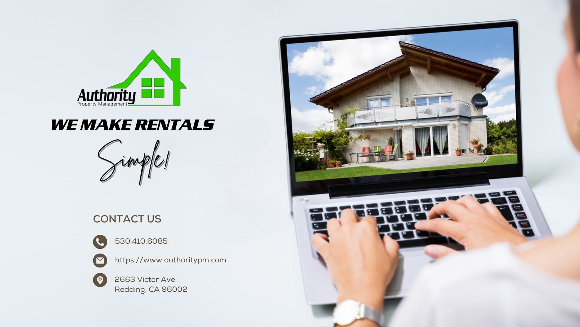 Hands typing on laptop with house image, 