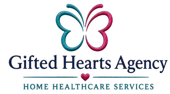 Gifted Hearts Agency logo with teal and pink butterfly and &ldquo;Home Healthcare Services&rdquo; text