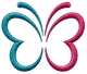 Stylized butterfly logo in teal and pink with textured, curved wings