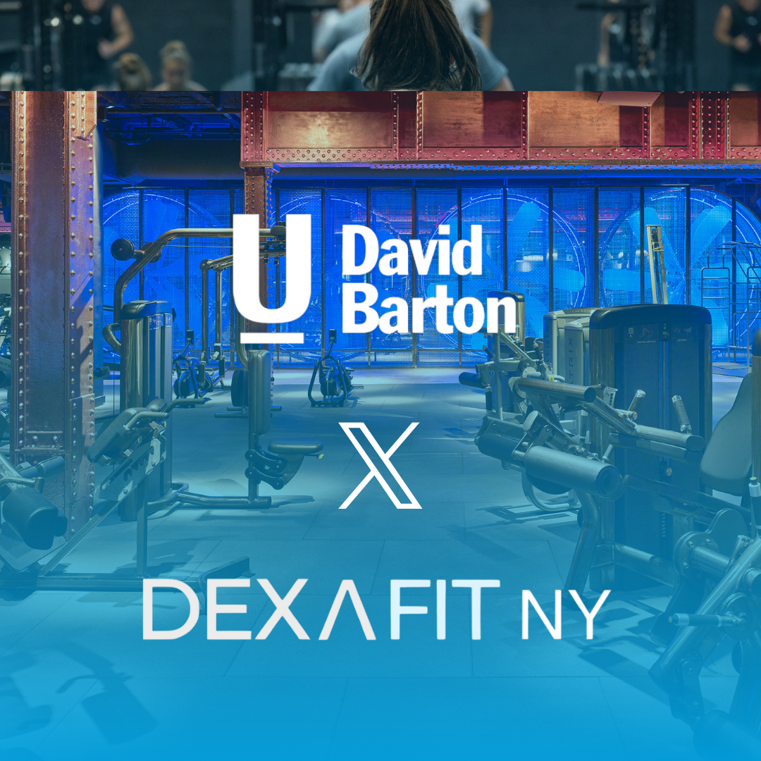 Gym interior with weight machines, overlaid with logos for David Barton, Dexafit NY, and a