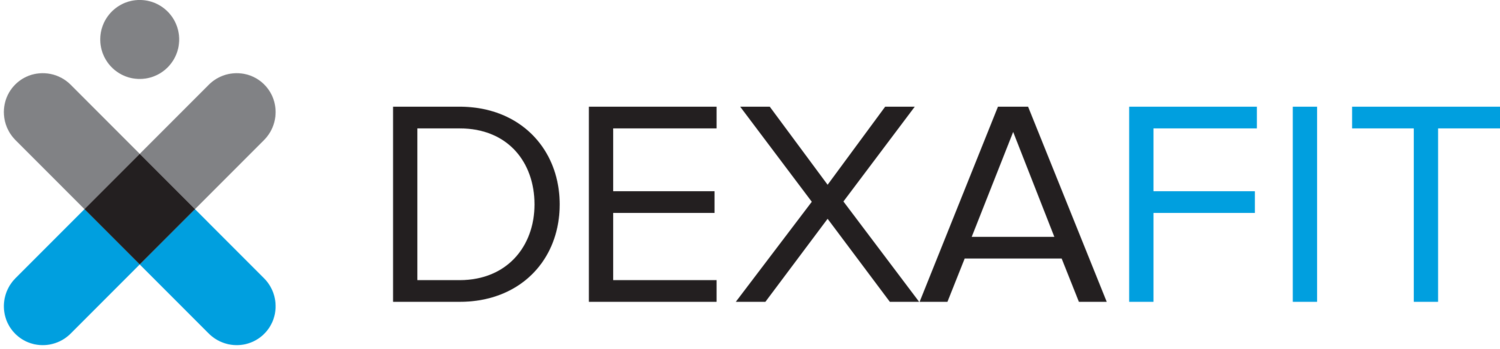 Logo for Dexafit. Icon of person and crossed limbs, with the text 