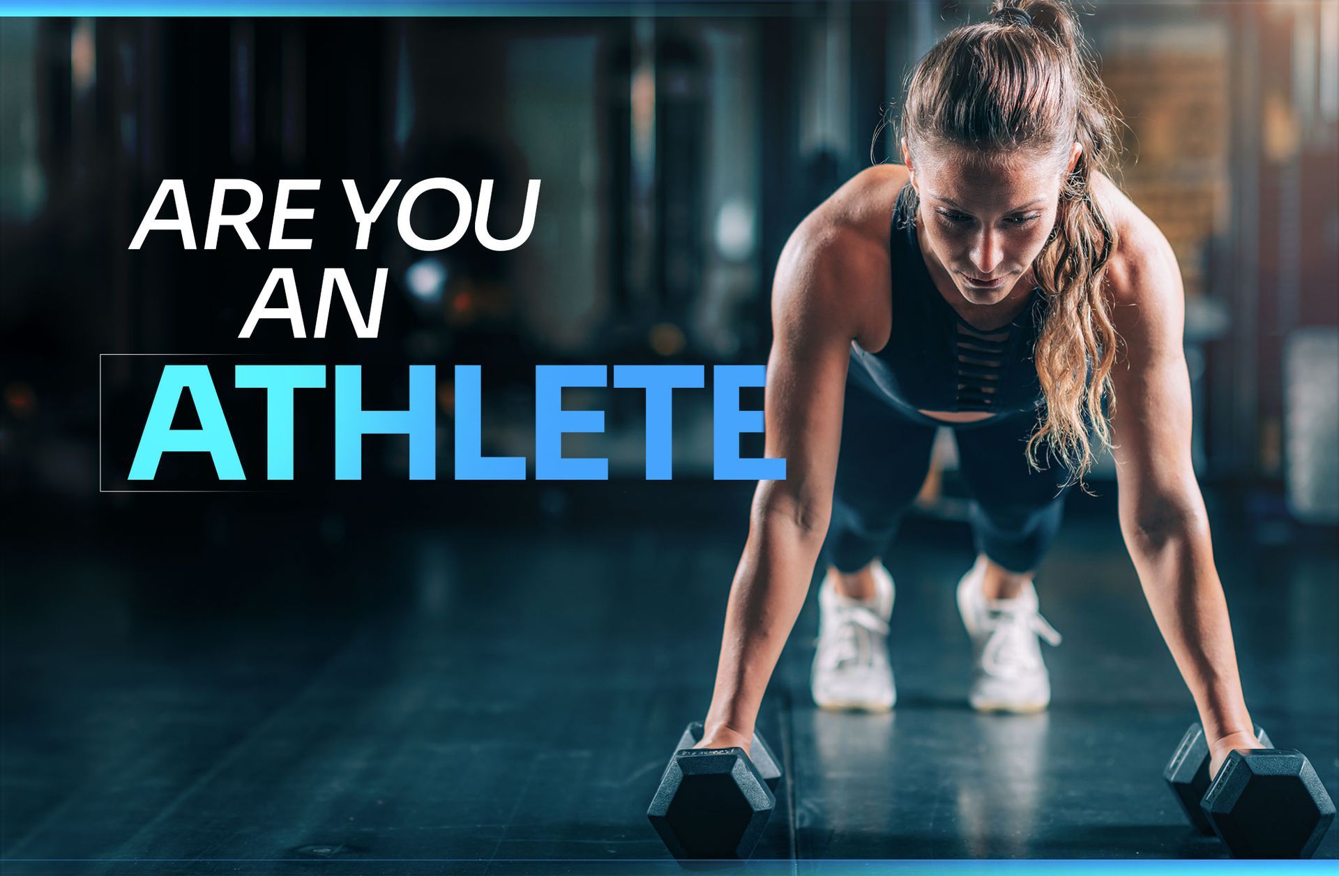 Woman doing push-ups with dumbbells in a gym. Text: 