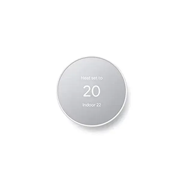 A circular, silver thermostat with the set temperature of 20 and indoor temperature of 22 degrees.