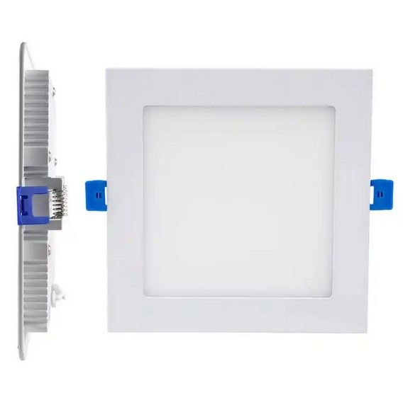 Square, white LED recessed ceiling light fixture with blue clips.