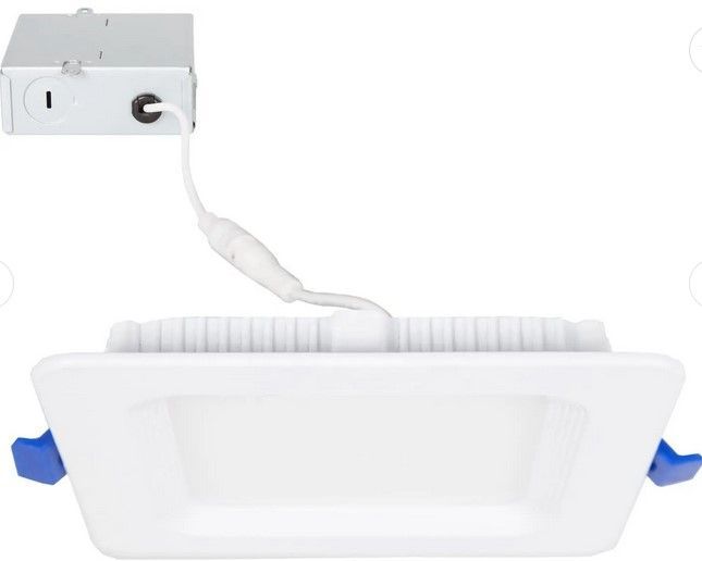 Square recessed LED ceiling light, white with blue clips.