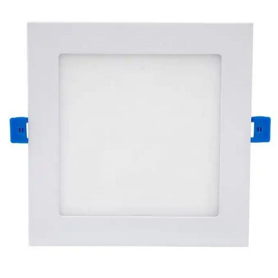 Square, white LED recessed ceiling light fixture with blue clips.