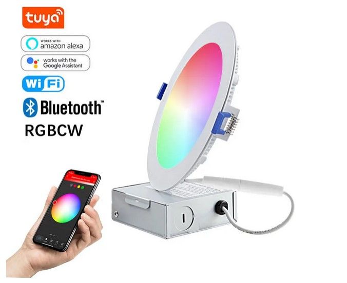 Smart LED recessed light with color controls shown next to a smartphone displaying a color wheel.