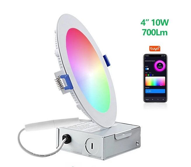 Smart LED recessed light, 4-inch, with RGB color control via Tuya app on a smartphone.