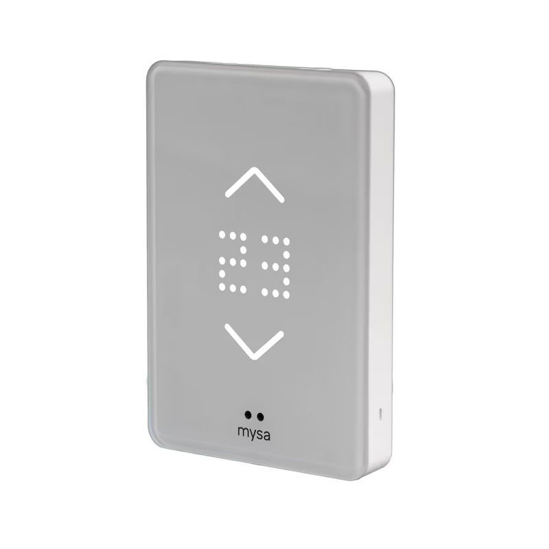 White smart thermostat with a digital display showing the temperature, up and down arrows.
