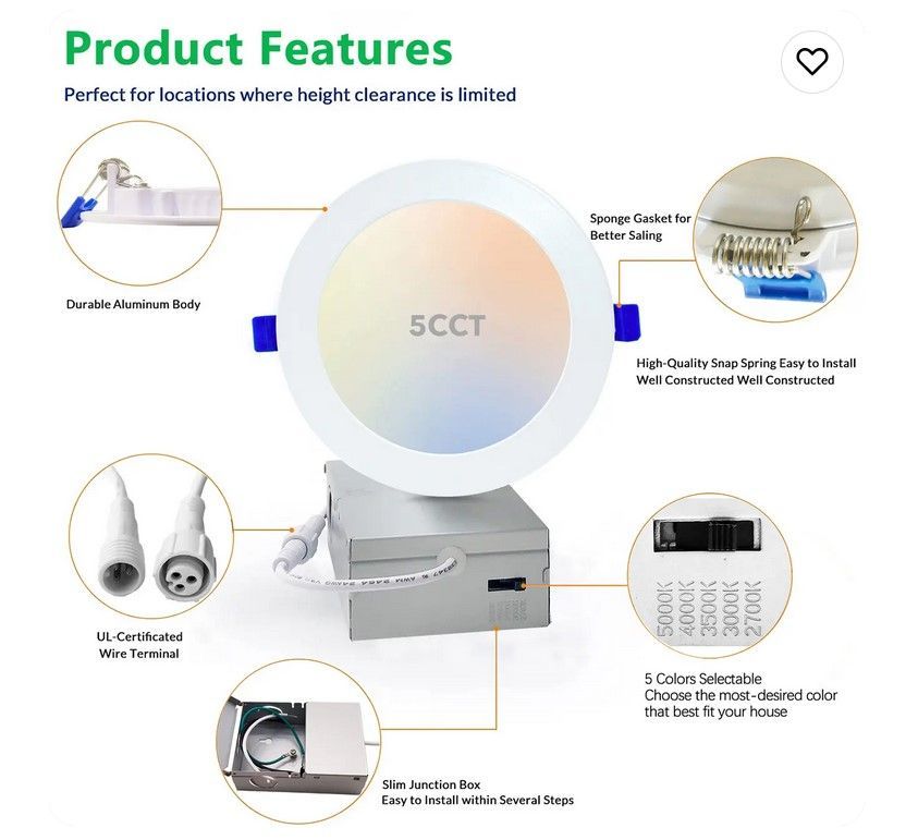 Round LED recessed light fixture with a white rim and a connected power supply.
