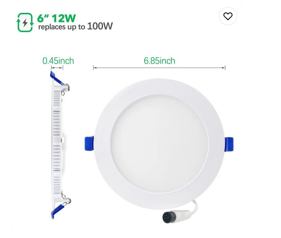 White round LED recessed light with attached power supply.