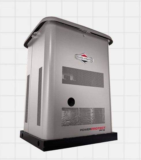 Gray Briggs & Stratton home standby generator with ventilation grills and a black base.