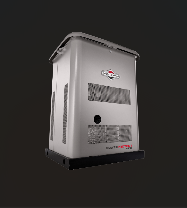 Gray Briggs & Stratton home standby generator with ventilation grills and a black base.