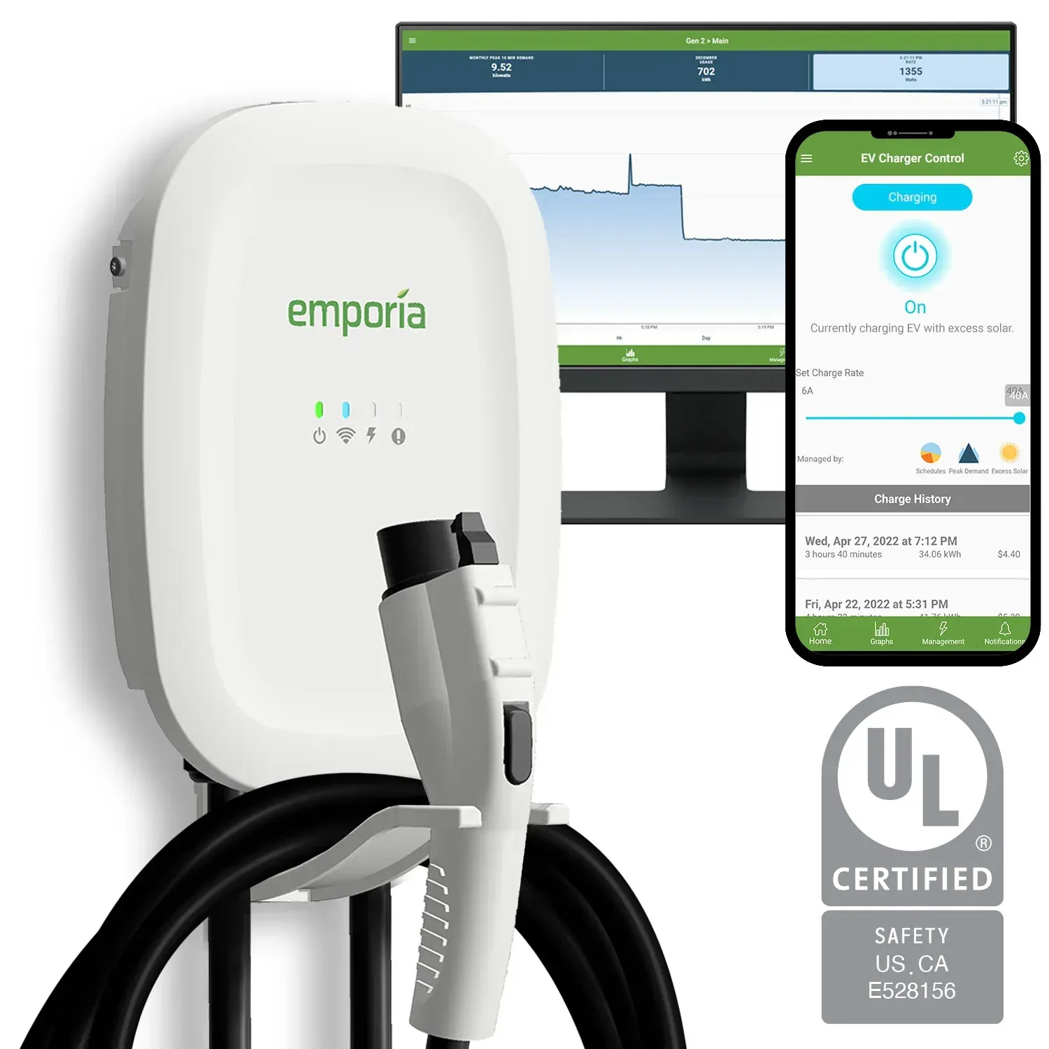 Emporia EV charger with a green logo, cable and holder, plus screen with energy graph and mobile app interface.
