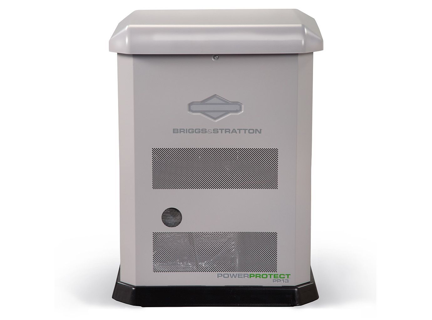 Gray Briggs & Stratton home generator. Metal casing, front vents, brand logo visible.