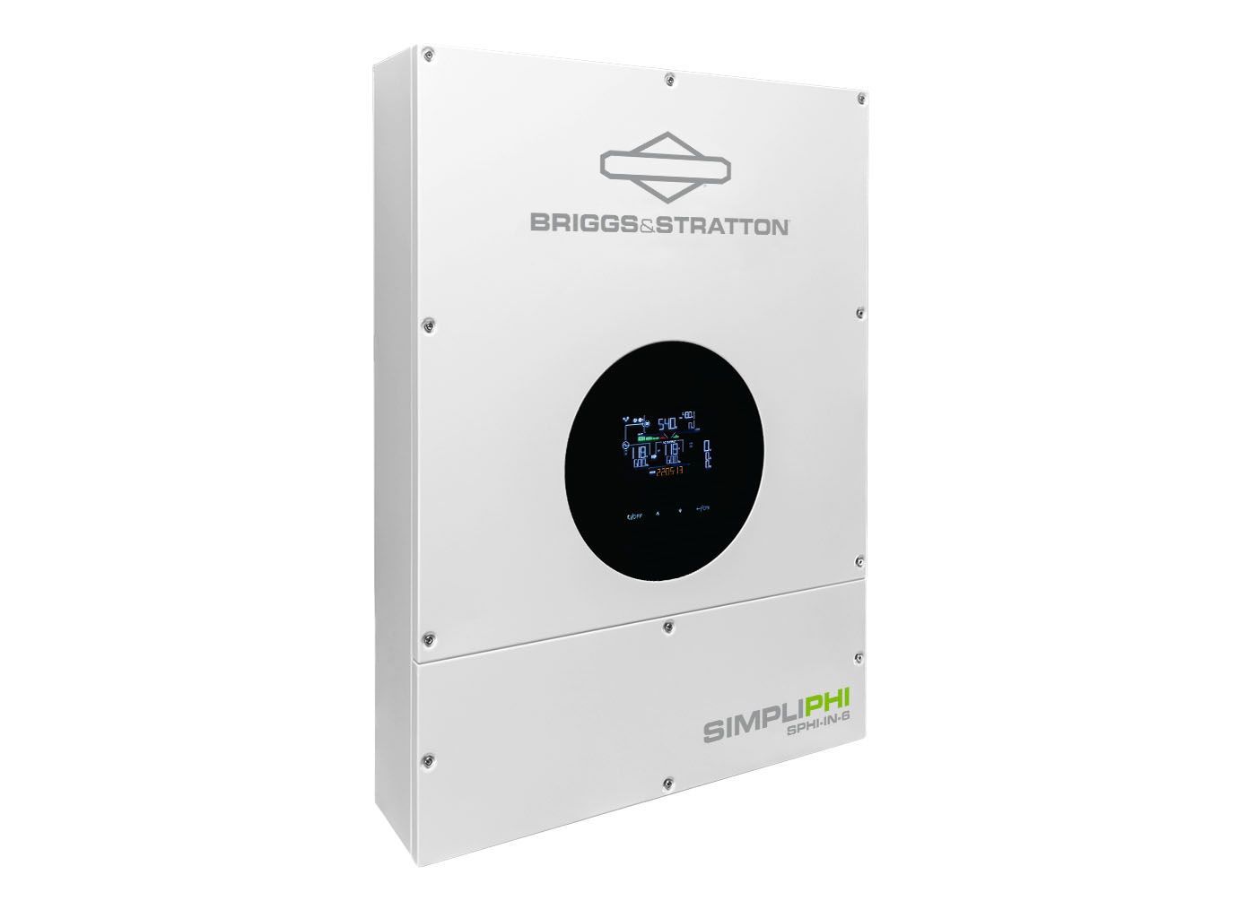 White Briggs & Stratton SIMPLIPHI solar inverter with a circular display.