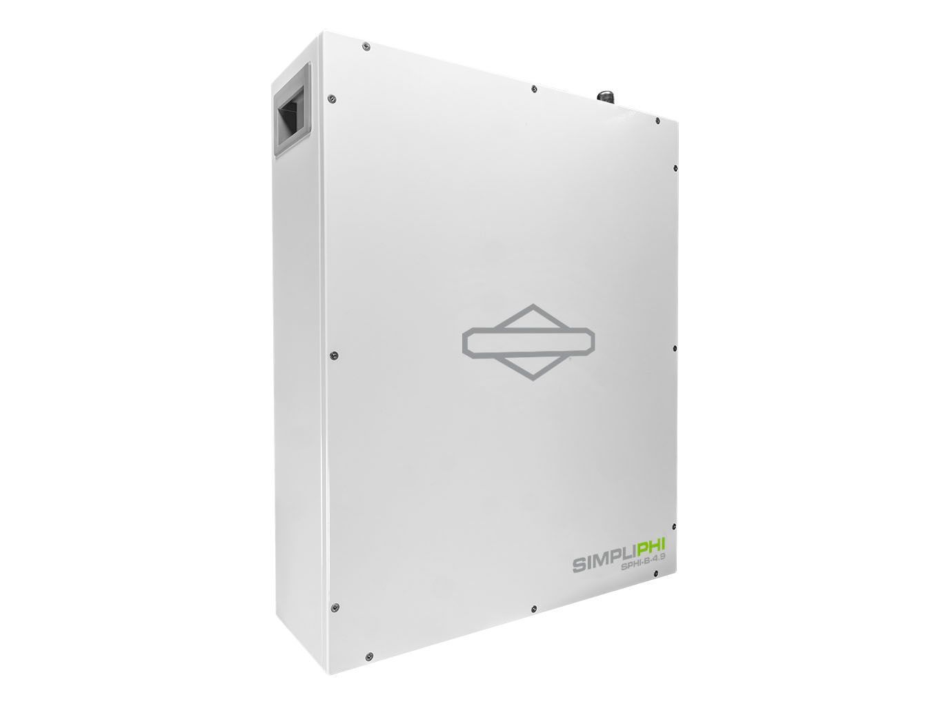 White SimpliPhi Power storage unit with logo and ports.