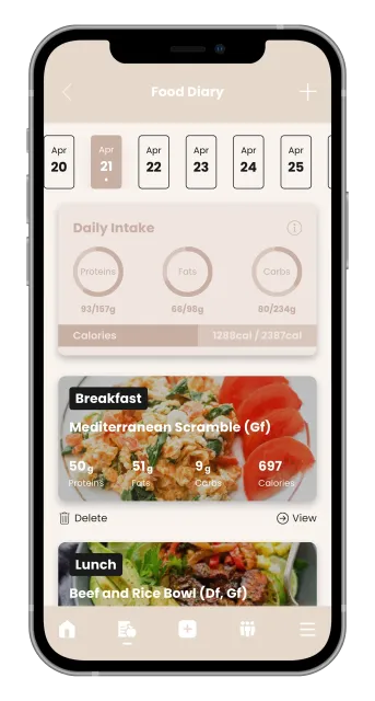 Smartphone app screen showing a beige meal-planning dashboard with daily schedule and food photos.