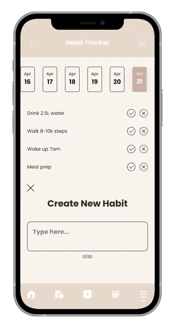 Smartphone screen showing a habit-tracker app with habit list and “Create New Habit” input box.