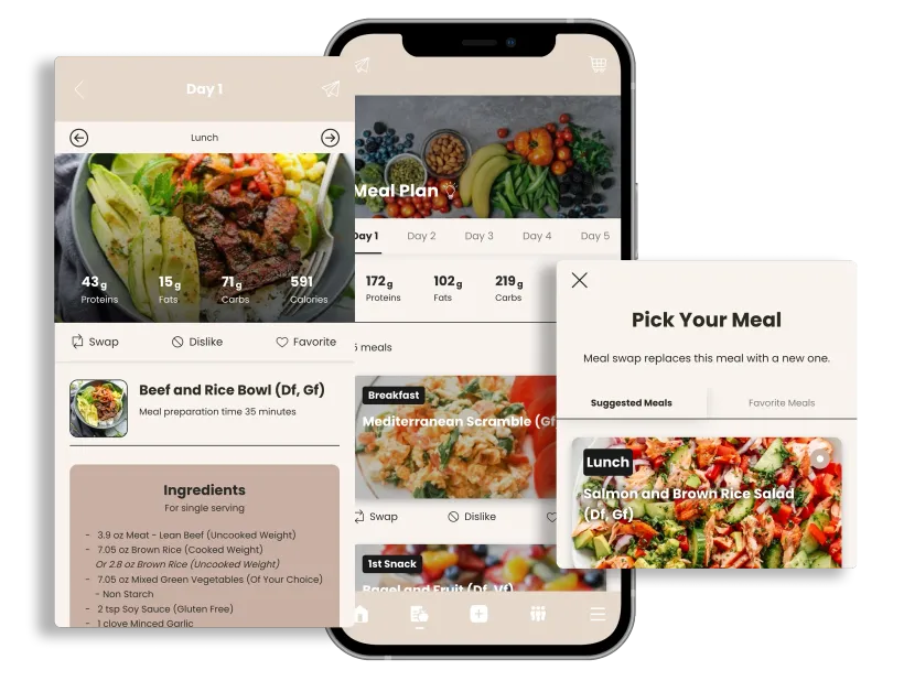 Mobile food app UI mockup with meal photos, nutrition info, and a recipe card on overlapping phone screens