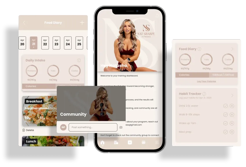 Mobile app UI mockups in soft beige tones, showing a central phone screen and surrounding design panels