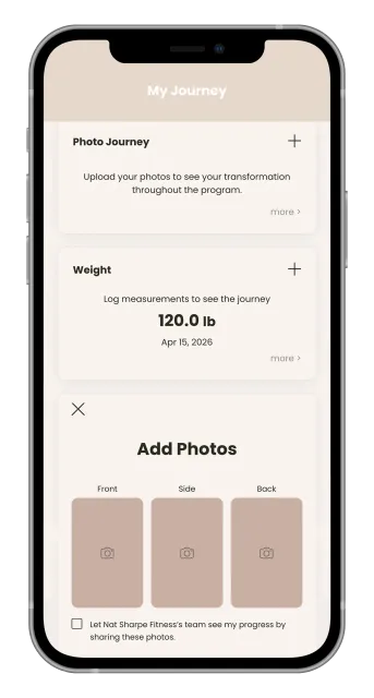Phone screen showing a food tracker app with weight, meal log, and add photo section.