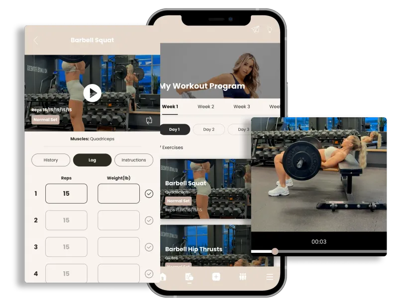 Mobile food app UI mockup with meal photos, nutrition info, and a recipe card on overlapping phone screens