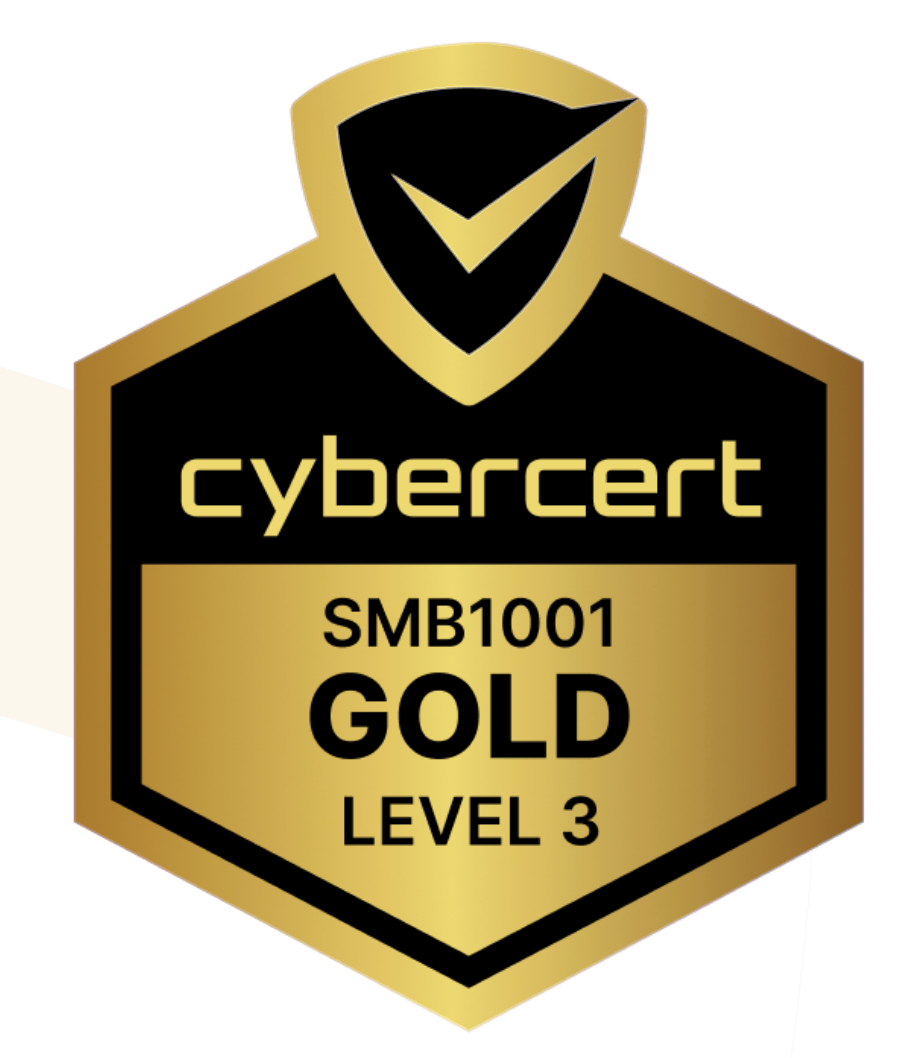 Cybercert SMB1001 Gold Level 3 badge: Black and gold shield with checkmark,