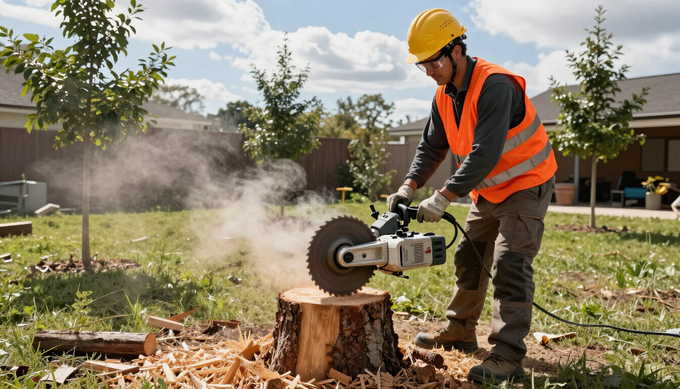 Worker grinds a tree stump with powered equipment during Tree Service in Magna, UT to prepare space for new landscaping.